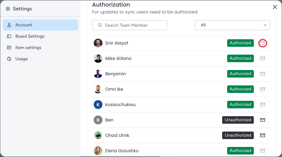 The Authorization list in Account Settings, with Authorized and Unauthorized badges