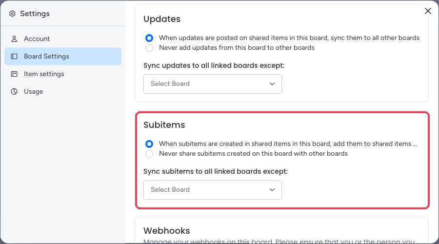 The Subitems preference in SIMB Board Settings