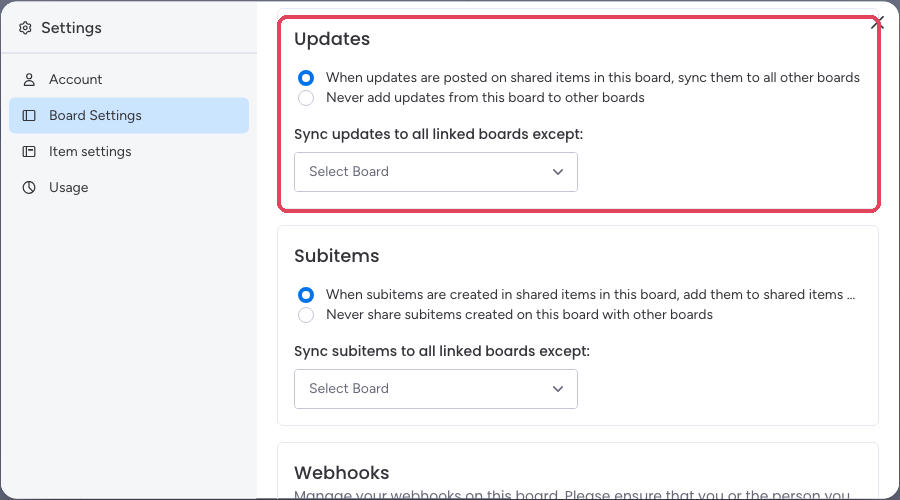 The Updates preference in SIMB Board Settings
