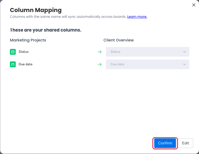 The Column Mapping preview with Confirm highlighted
