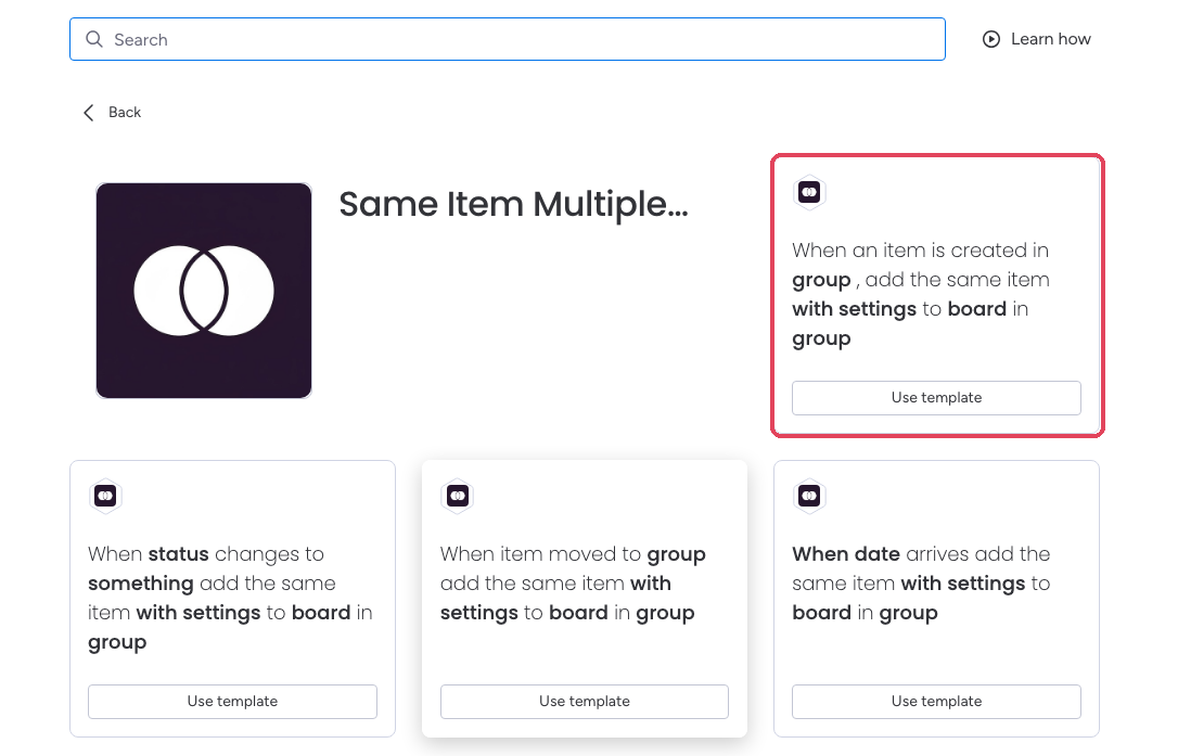 The SIMB automation recipes in the monday automations center